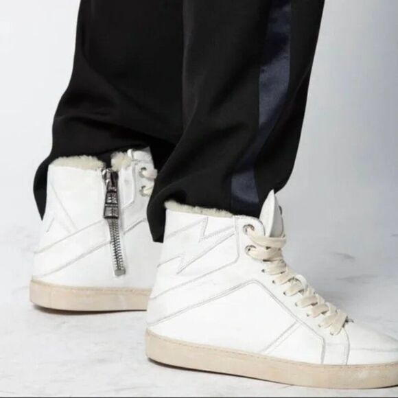 NWT New ZADIG & VOLTAIRE High Flash Distressed SHEARLING Sneakers 37 US(6.5-7) - Picture 1 of 14